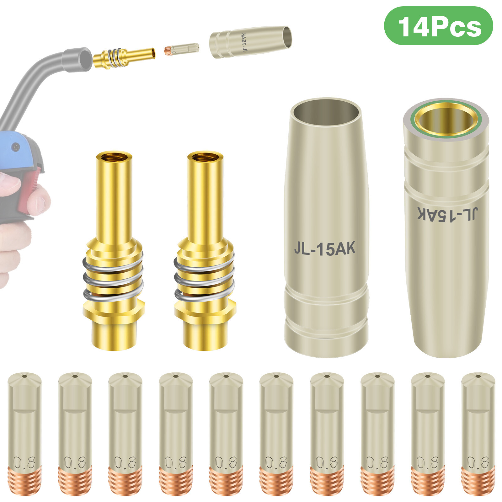 15AK Welding Gun Accessories 0.03'' 0.8mm Contact Tip Nozzle Diffuser 14pcs