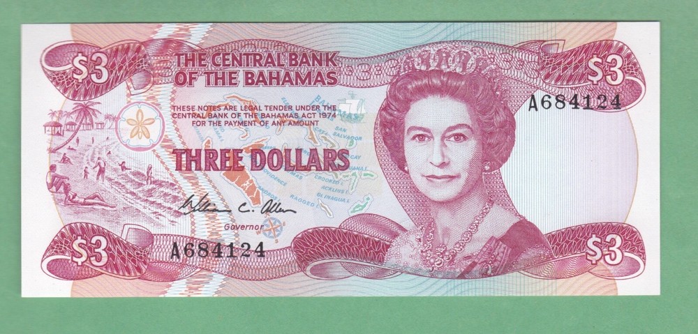 Bahamas 3 Dollar  Note  P-44a   UNCIRCULATED