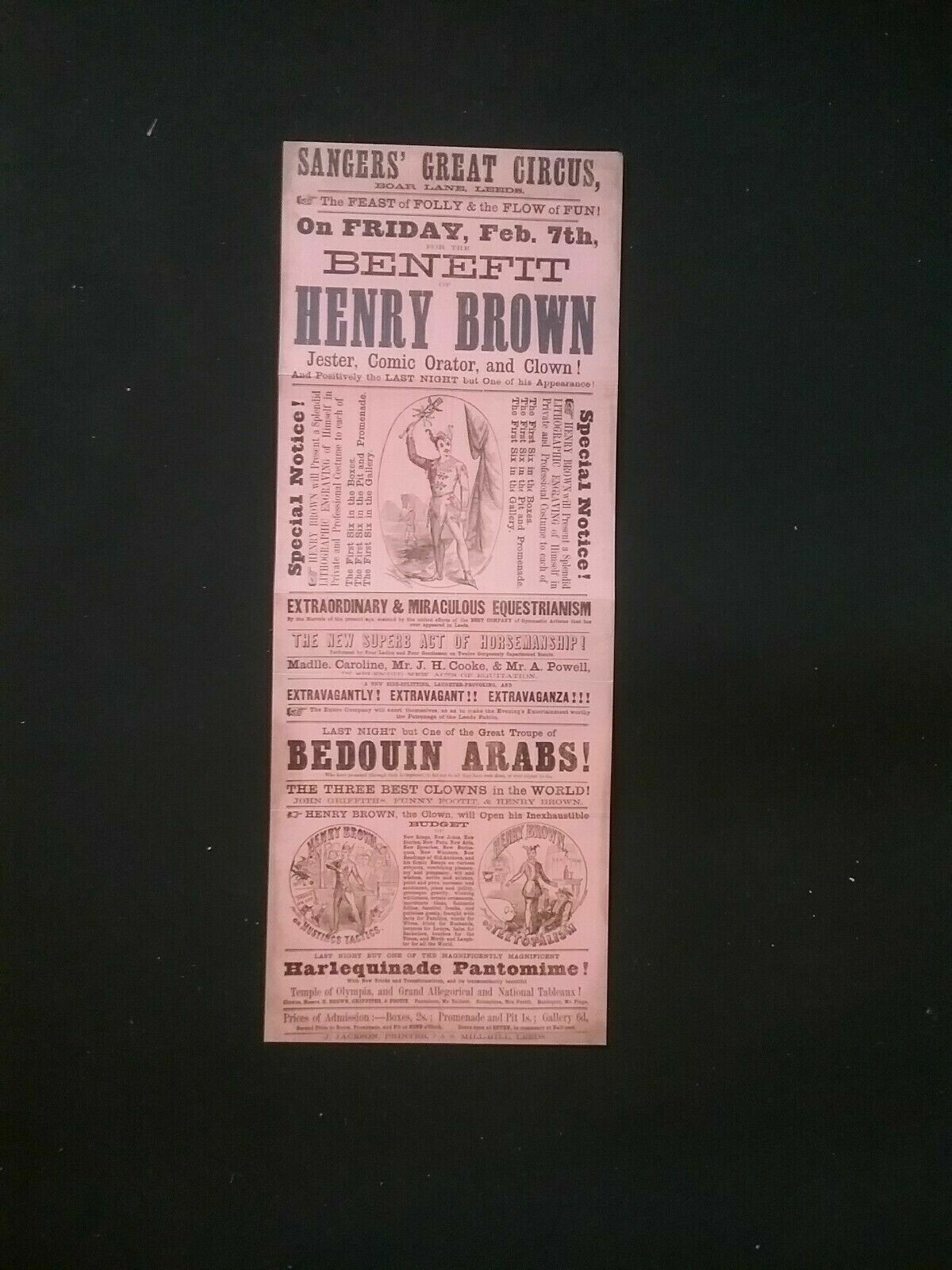 VICTORIAN POSTER , SANGERS GREAT CIRCUS, BOAR LANE , LEEDS , *Reproduction*