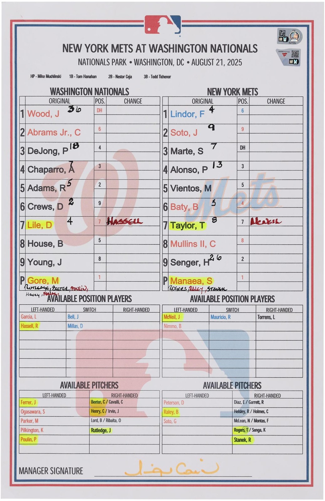 Washington Nationals Game-Used Lineup Card vs. New York Mets on August 21, 2025
