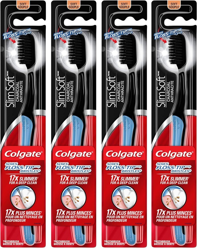 Colgate Slimsoft Floss-Tip Charcoal Toothbrush, Soft (4 Count)