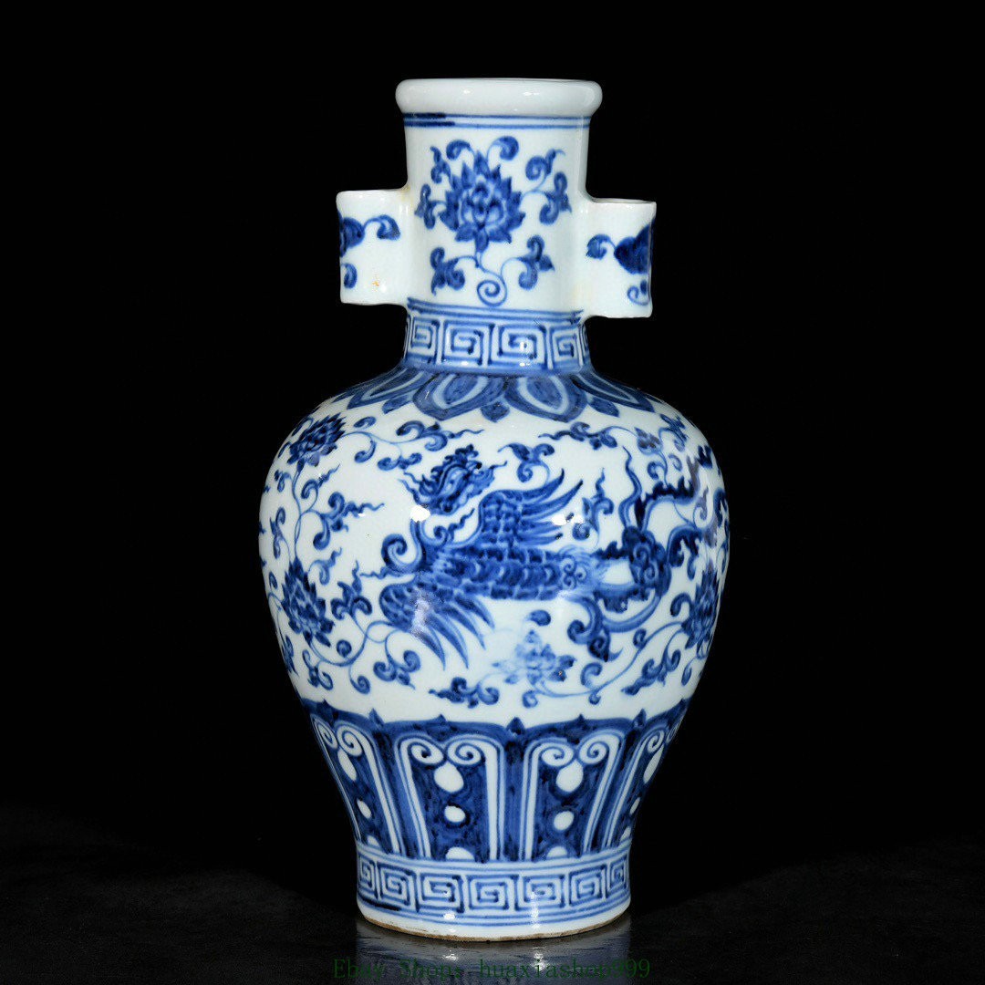 11.2" Old Blue White Porcelain Phoenix Bird Double Ear Flower Bottle Vase
