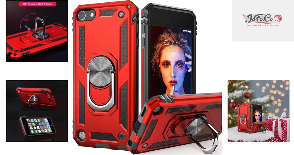 Red Shockproof iPod Touch Case with 360° Kickstand & Car Mount Compatibility