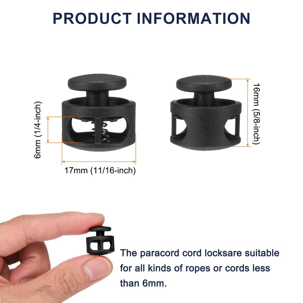 20pcs Cord Lock Double Hole Spring Toggle Stopper for Drawstring, Black