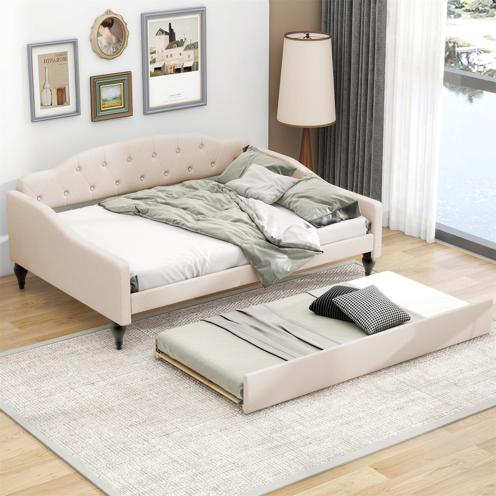 Full Size Daybed with Pull Out Trundle Bed Upholstered Bed Frame Sofa Bed Beige