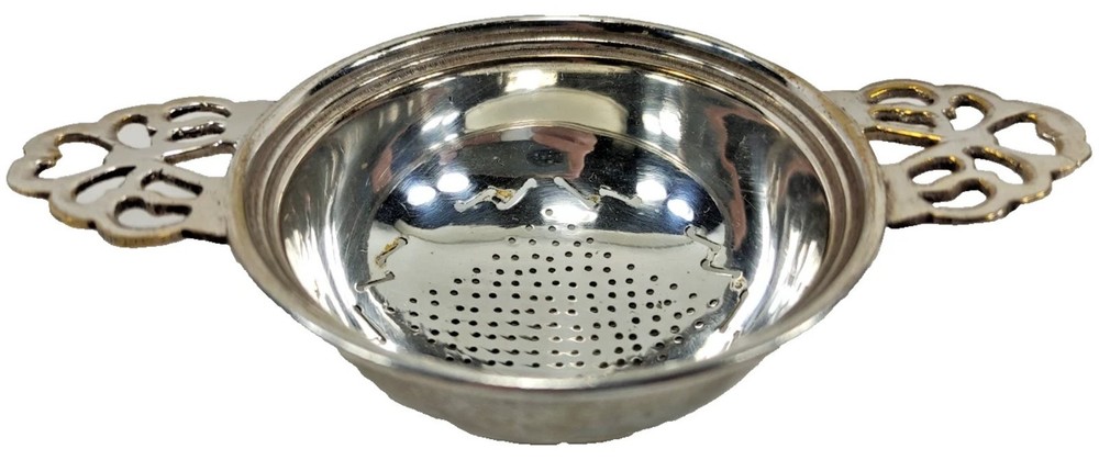 Vintage Silverplated Pierced Two-Handled Over Tea Service Cup Strainer Openwork