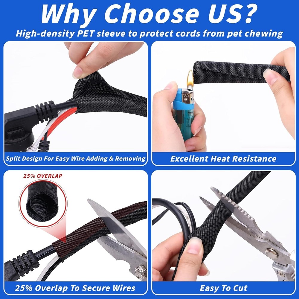 30FT Split Braided Sleeve Cable Management Car TV Electrical Cable Protection