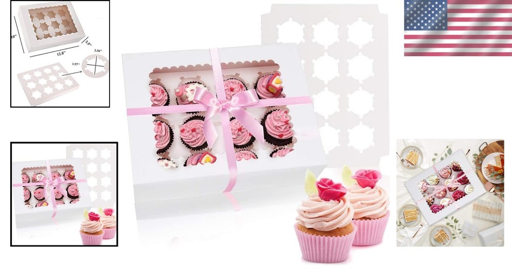 Handmade Gift Ready 25 Pack Cupcake Boxes with Removable Inserts for 12 Cupcakes
