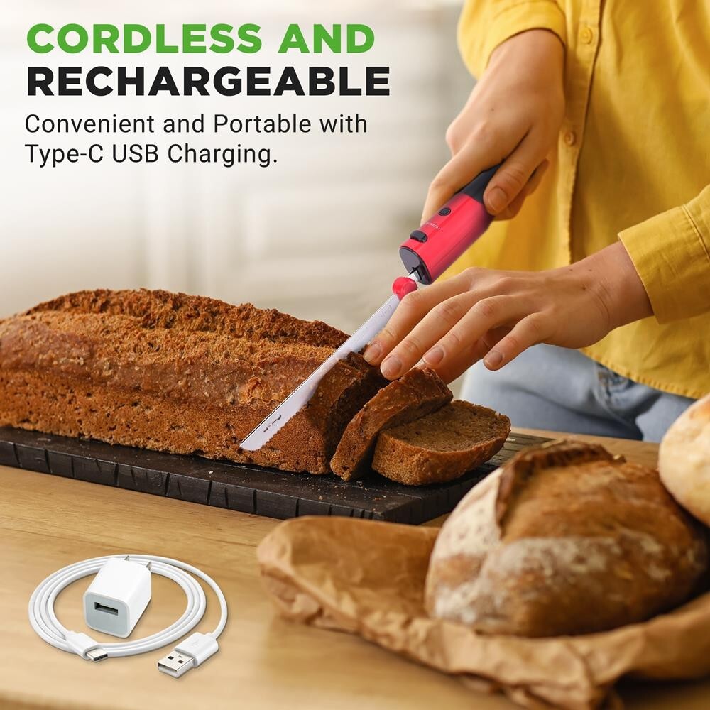 NutriChef Electric Bread Knife-Lightweight w/ Contoured Grip Handle (Red)