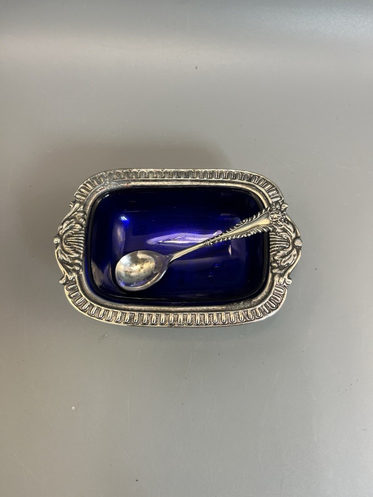 Footed Open Salt Cellar Cobalt Plastic Insert Silver Plate Base Made In England