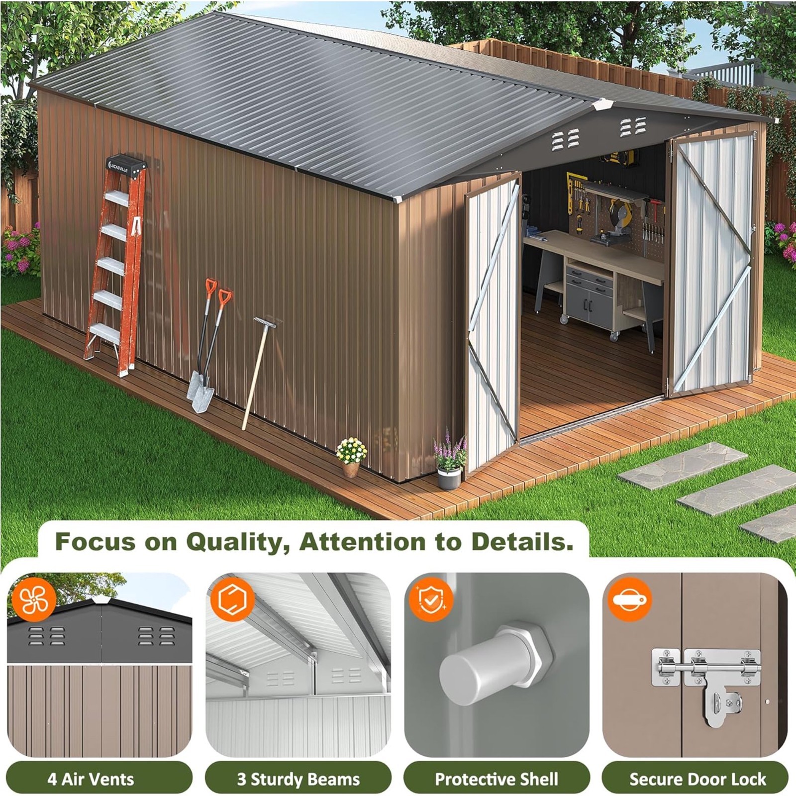 10x14 FT Outdoor Storage Shed with Frame Structure and Lockable Doors,Brown