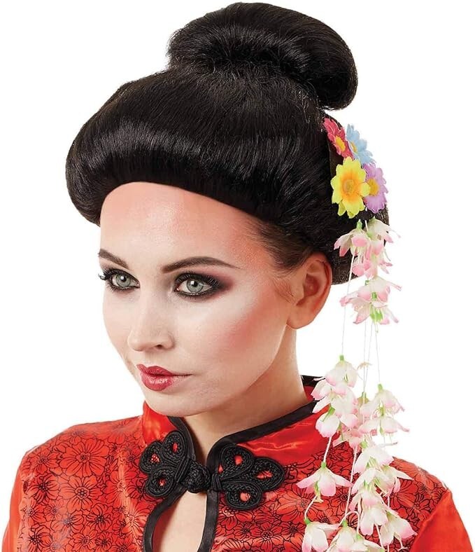 Women`s Black Geisha Wig  Flowers for Adult Japanese Oriental Costume Halloween