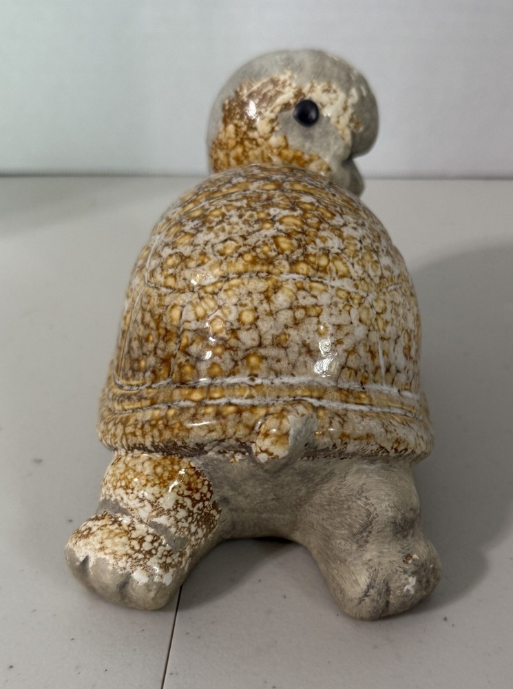 Ceramic Turtle Tortoise Figurine With Glazed Marbled Shell Clay Head Up