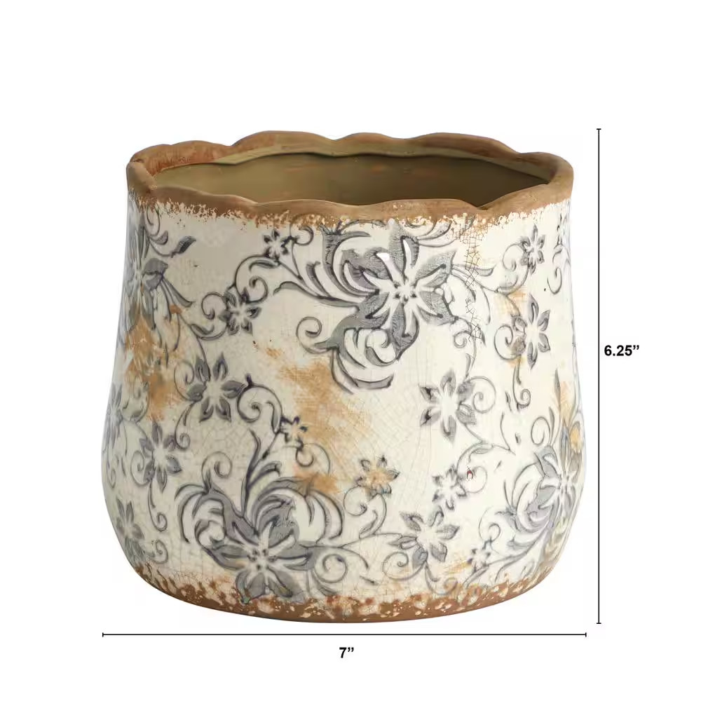 7In. Tuscan Ceramic Gray Scroll Planter