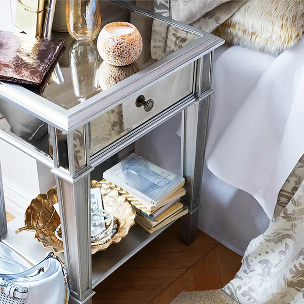 2Tier Modern Silver Mirrored Side End Table Nightstand Bedside Table with Drawer