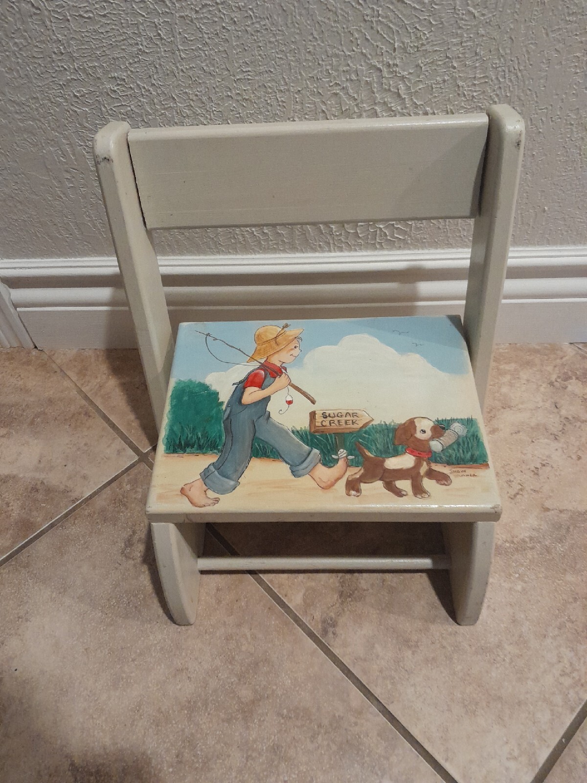 Vintage Hand Painted Childrens Chair Signed By Artist 14"x14" Puppy  Boy Fishing