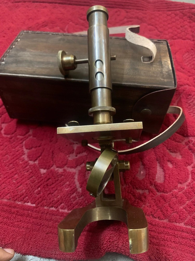 Brass Microscope Student Microscope 7 Inch Antique Type With Leather Cover heave
