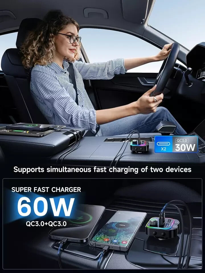 60W Bluetooth 5.4 FM Transmitter Car Adapter [Reinforced Dual Mics & Deep Bass]