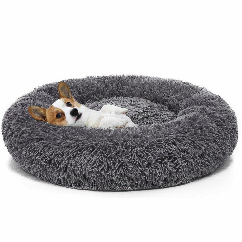 Warm Plush Round Donut Pet Dog Cat Bed Fur Cuddler Soft Puppy Calming Bed Kennel