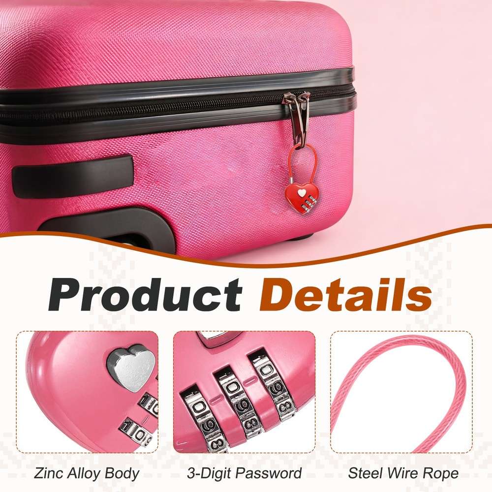 Combination Padlock (11.8 Inch, Pink)(2 Pcs), 3-Digit Heart Shaped Combo Padlock