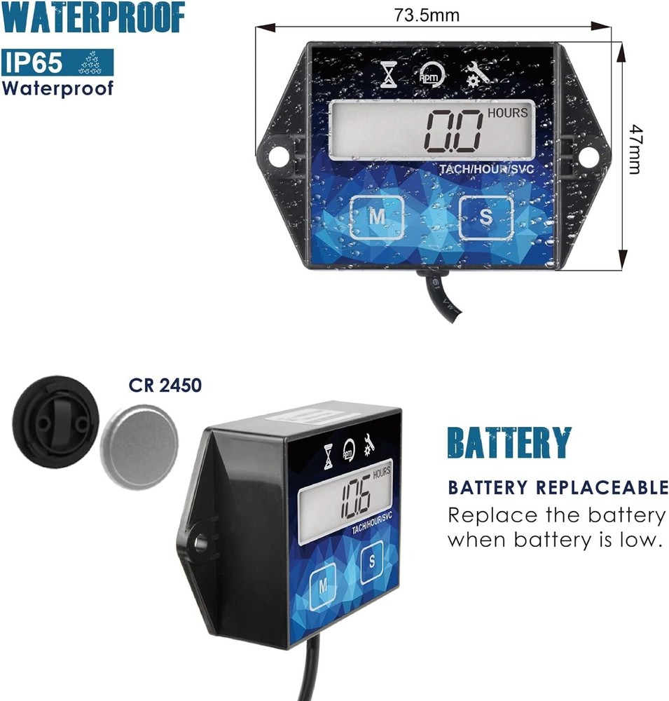 LCD Inductive Hour Meter Tachometer SVC Maintenance 2/4 Stroke Gasoline Engine