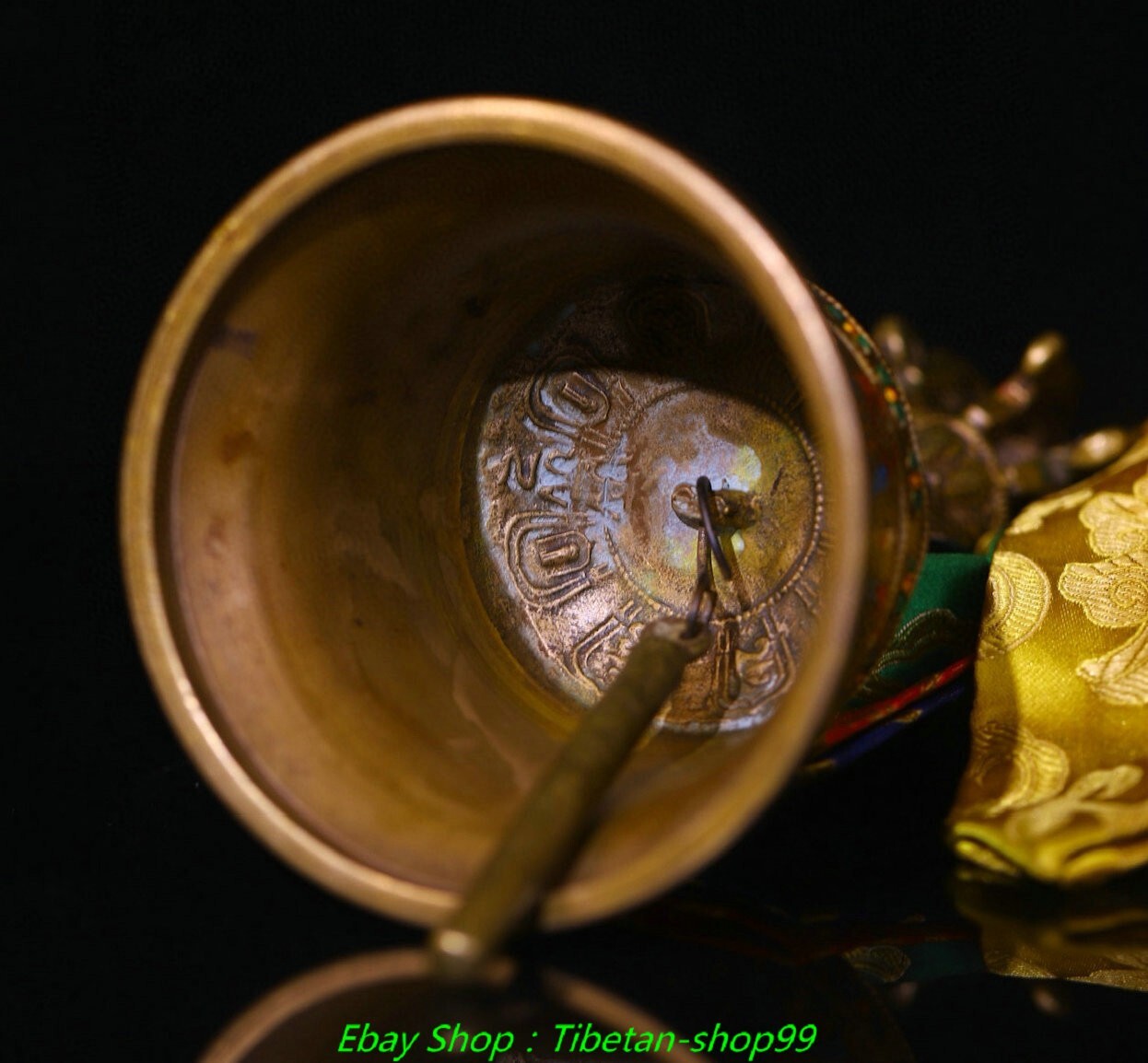 8.6''Old Tibet Bronze Painting inlay Dzi Bead Dorje Vajra Bell & Holder Faqi