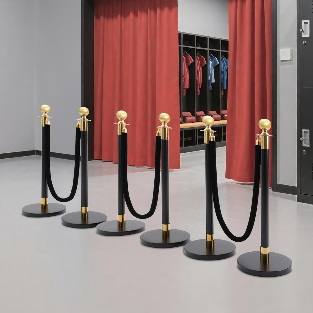 6 PCS Black Stainless Stanchion Posts with 4 Ropes Crowd Control Queue Barrier