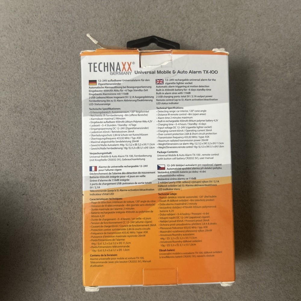 Technaxx Car Keyless Alarm with Charging Function TX-100-26.25 ft Motion Sensor