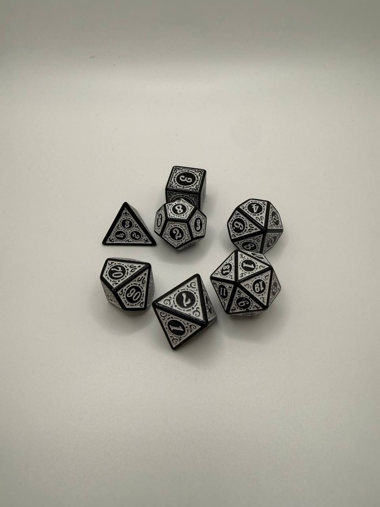 Baroque Scroll Polyhedral Dice Set – Black & White Ornate RPG Dice – D&D