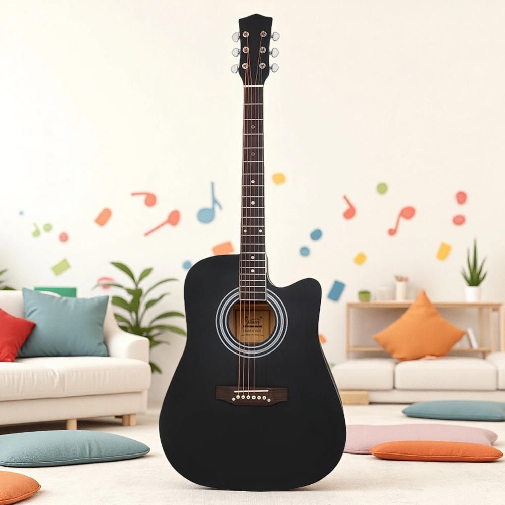 41" Solid Spruce Top Beginner Acoustic Guitar Set - Cutaway Dreadnought Black