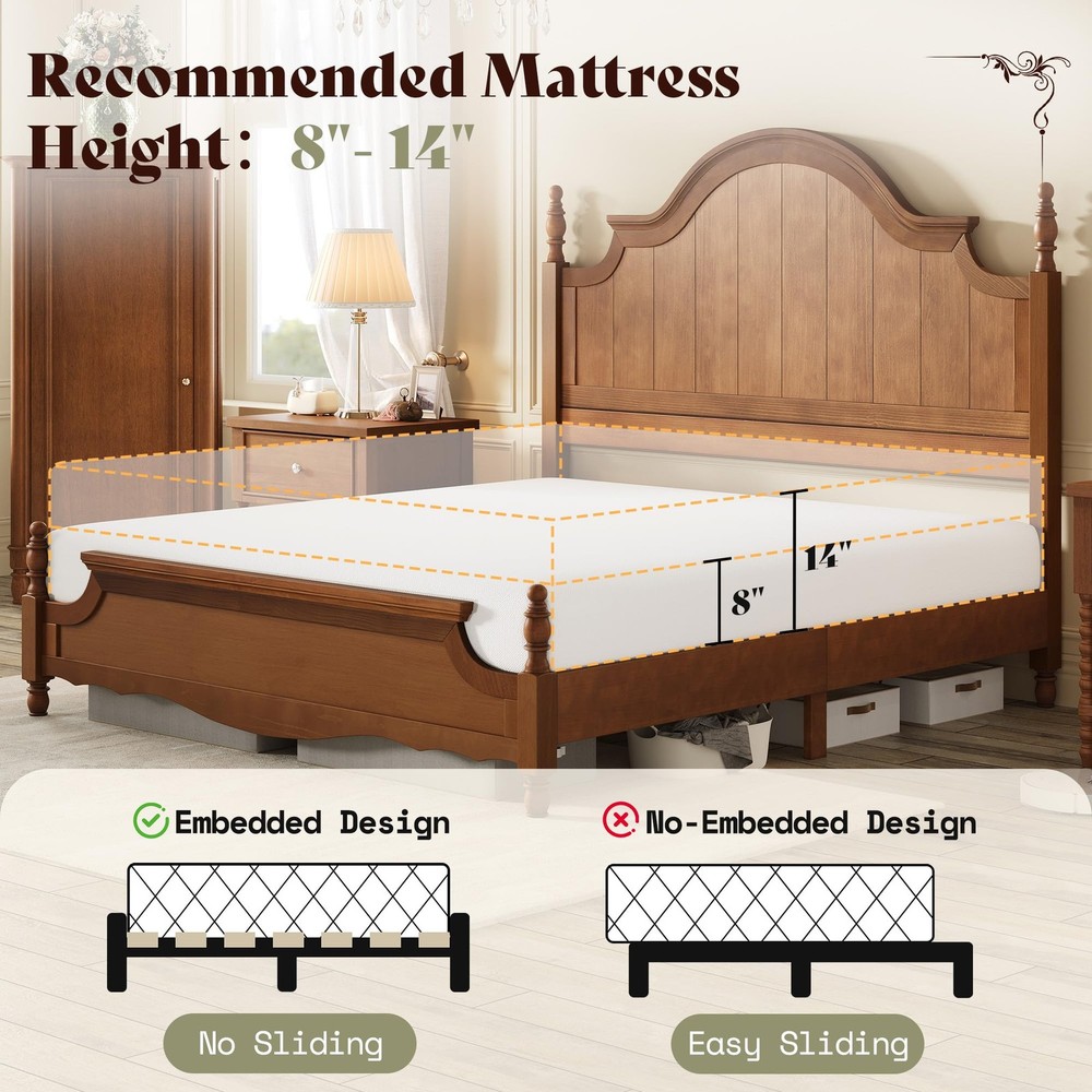 Solid Wood Queen Bed Frame with 56" Arched Headboard, Traditional Poste