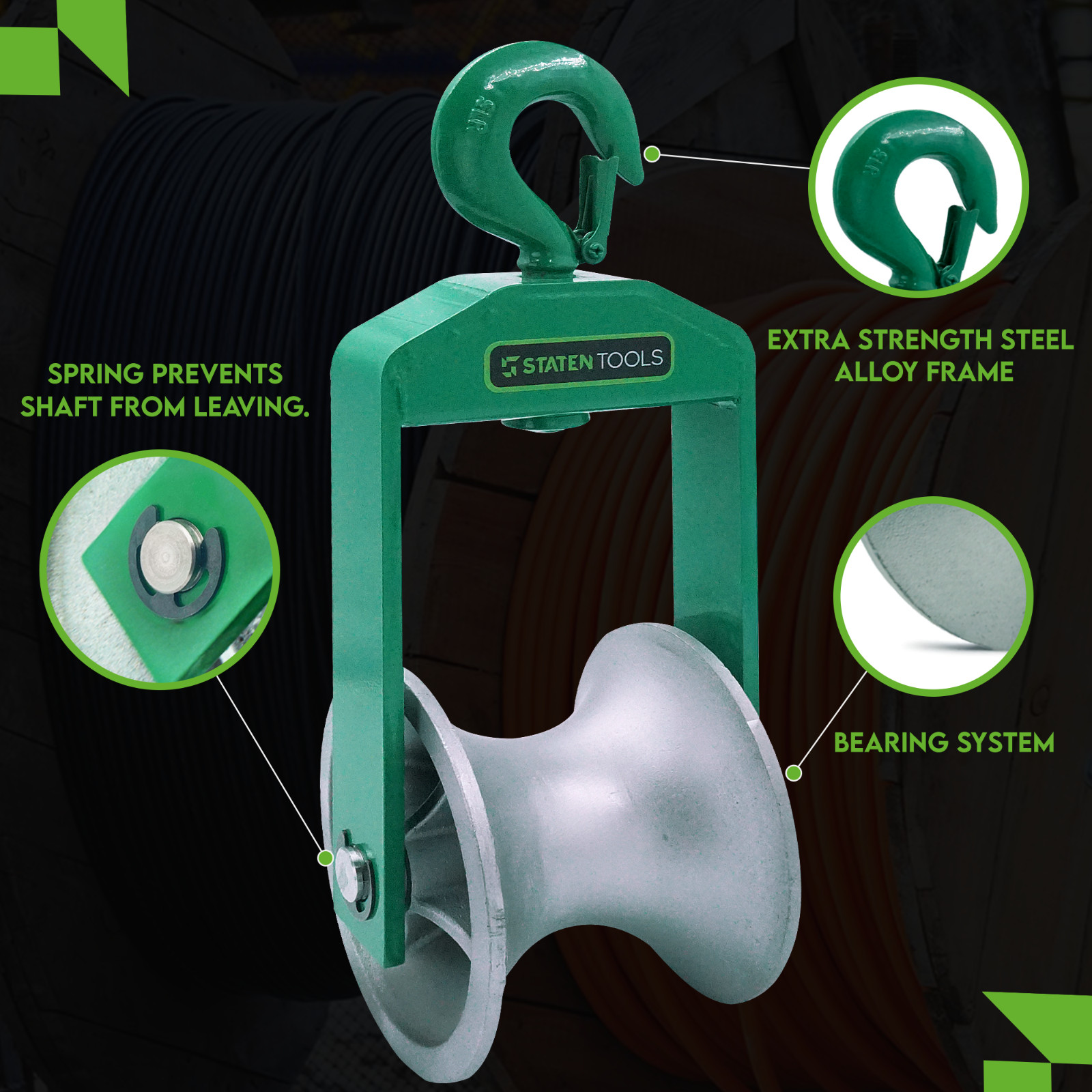 Staten Tools 650 Cable Puller Sheave, Hook, Wire, 6 In Diameter 6500lb