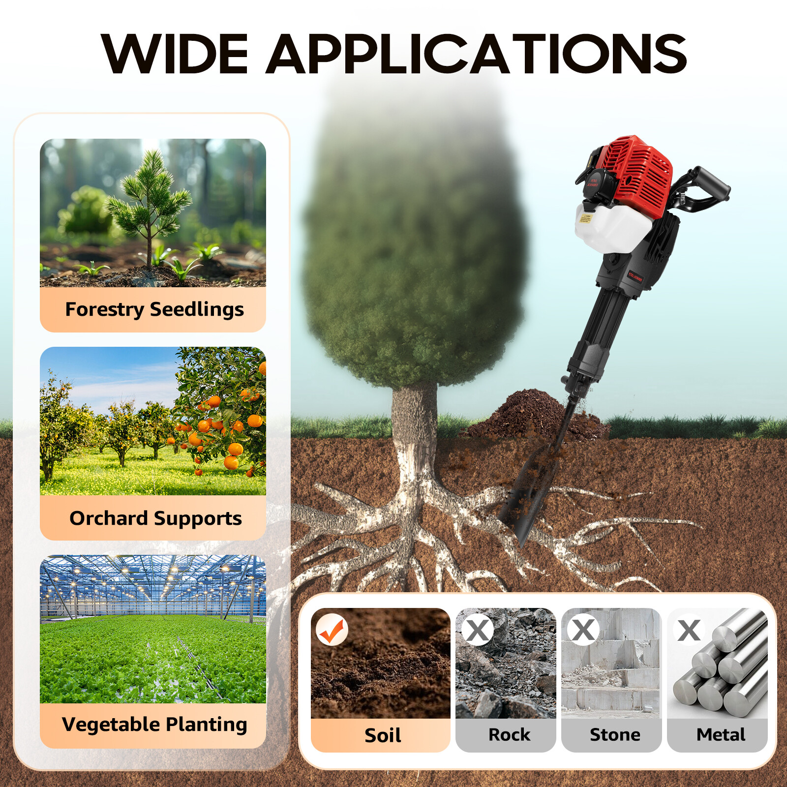 52CC 2Stroke Gas Powered Excavator Portable Tree Digger Garden Shovel Pit Digger