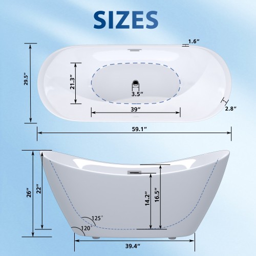 59 inch Acrylic Durable Deep Bathtub Glossy White Finish Freestanding Bathtub