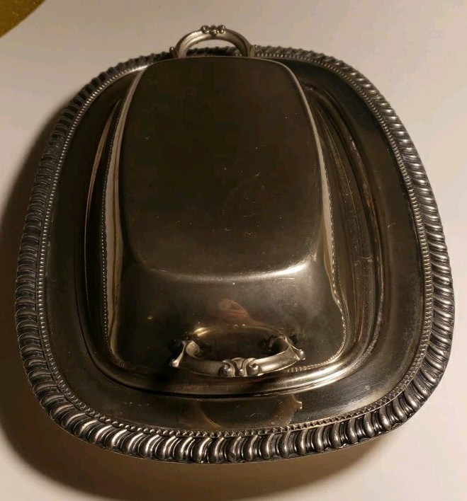 Vintage Silverplate on Copper Rectangular Handled Covered Vegetable Dish 12 inch