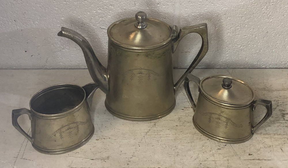 Antique Art Deco Continental Silver Co Silver Plated Tea Set Teapot Sugar Cream