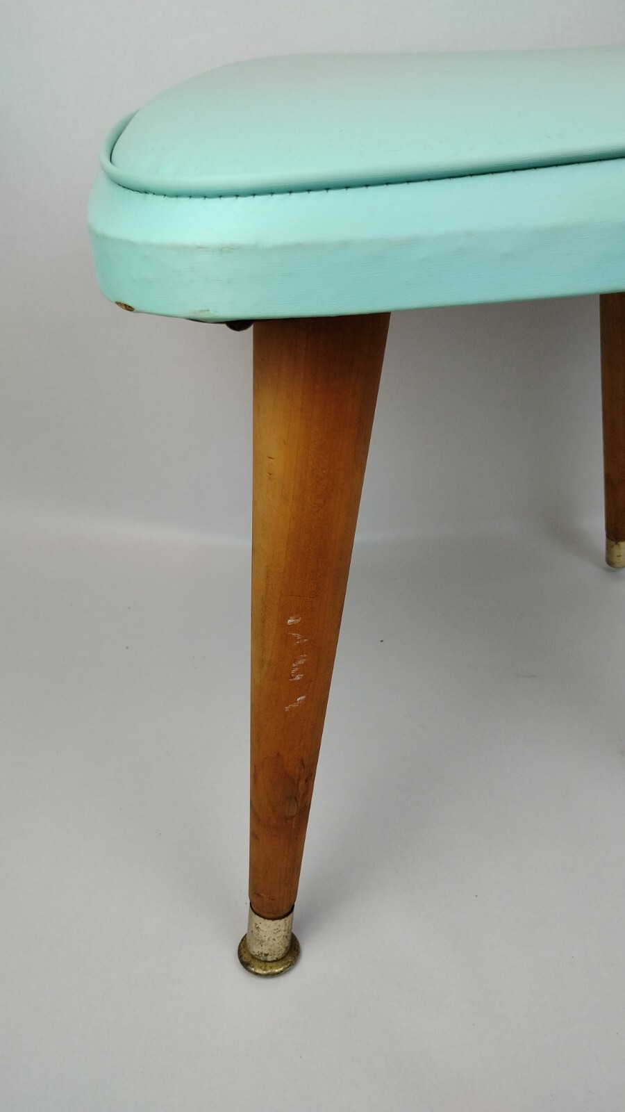 1963 Daystrom Atomic MCM Aqua Blue Vinyl Foot Stool 14" Tapered Peg Leg Gold Tip