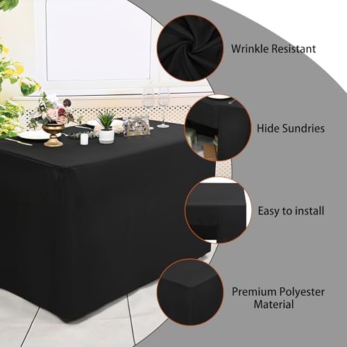 2 Pack Fitted Tablecloth, Open Back Fitted Table Cloths for 4 2 Pack 4FT Black