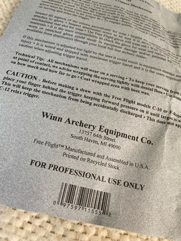 Winn Archery Free Flight Release Instructions Insert Page