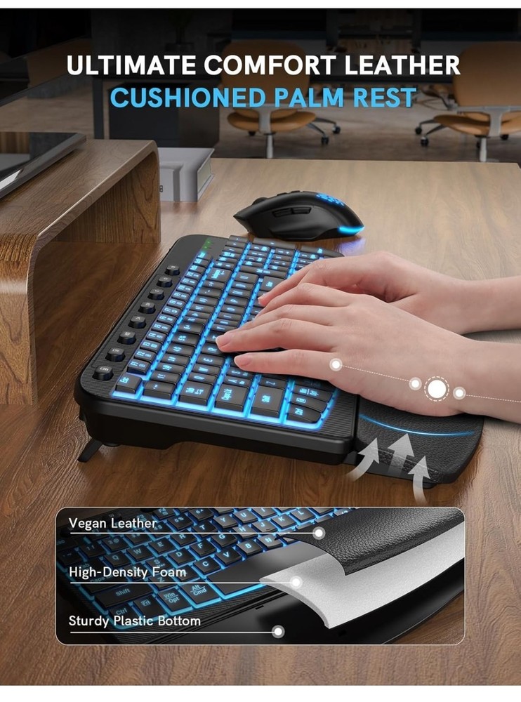 Ergonomic Wireless Keyboard and Mouse Combo - Wave Backlit Keyboard with Soft...