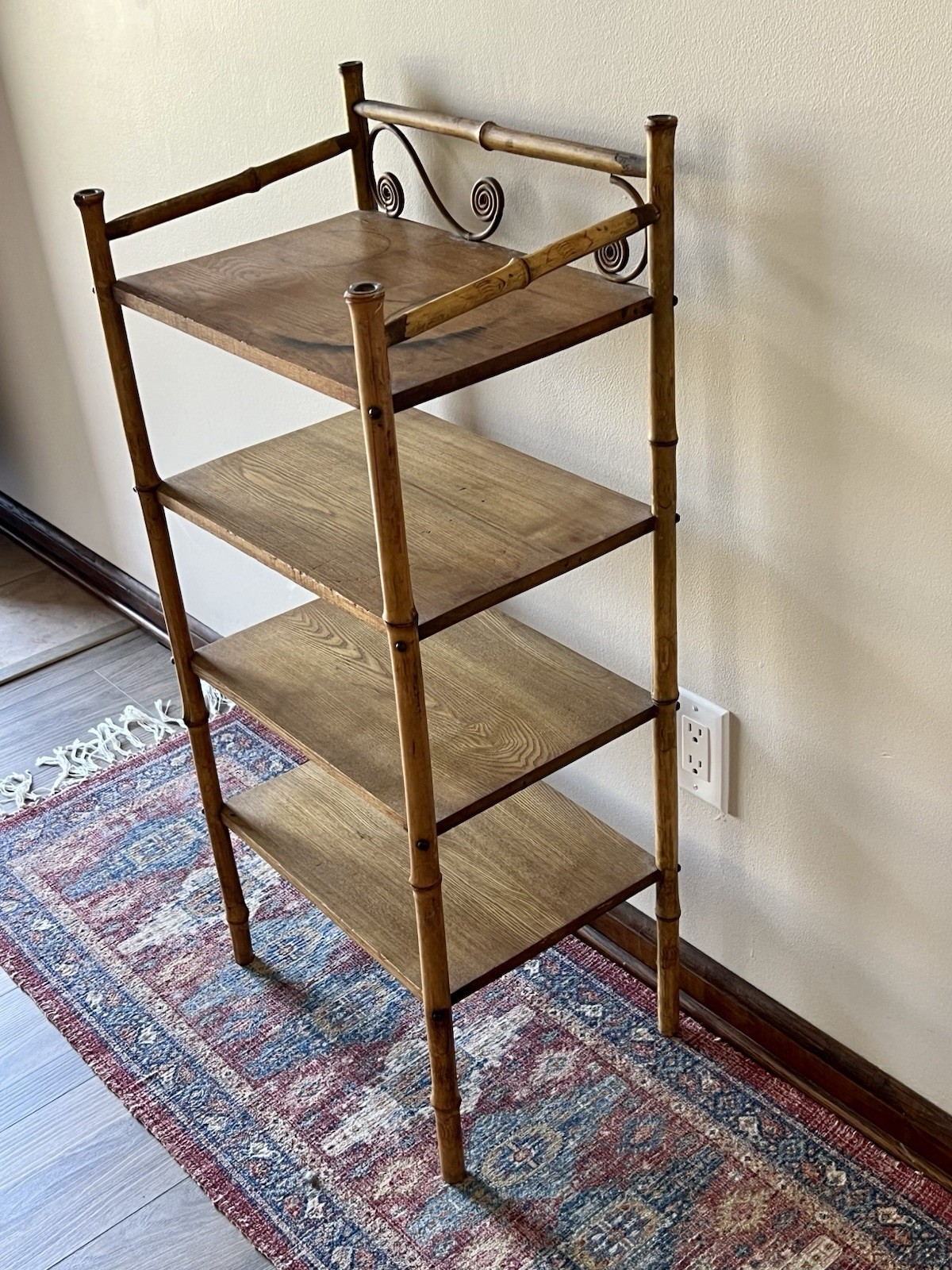 Antique Bamboo & Oak Etagere Curio Plant Fern Stand Book Shelf