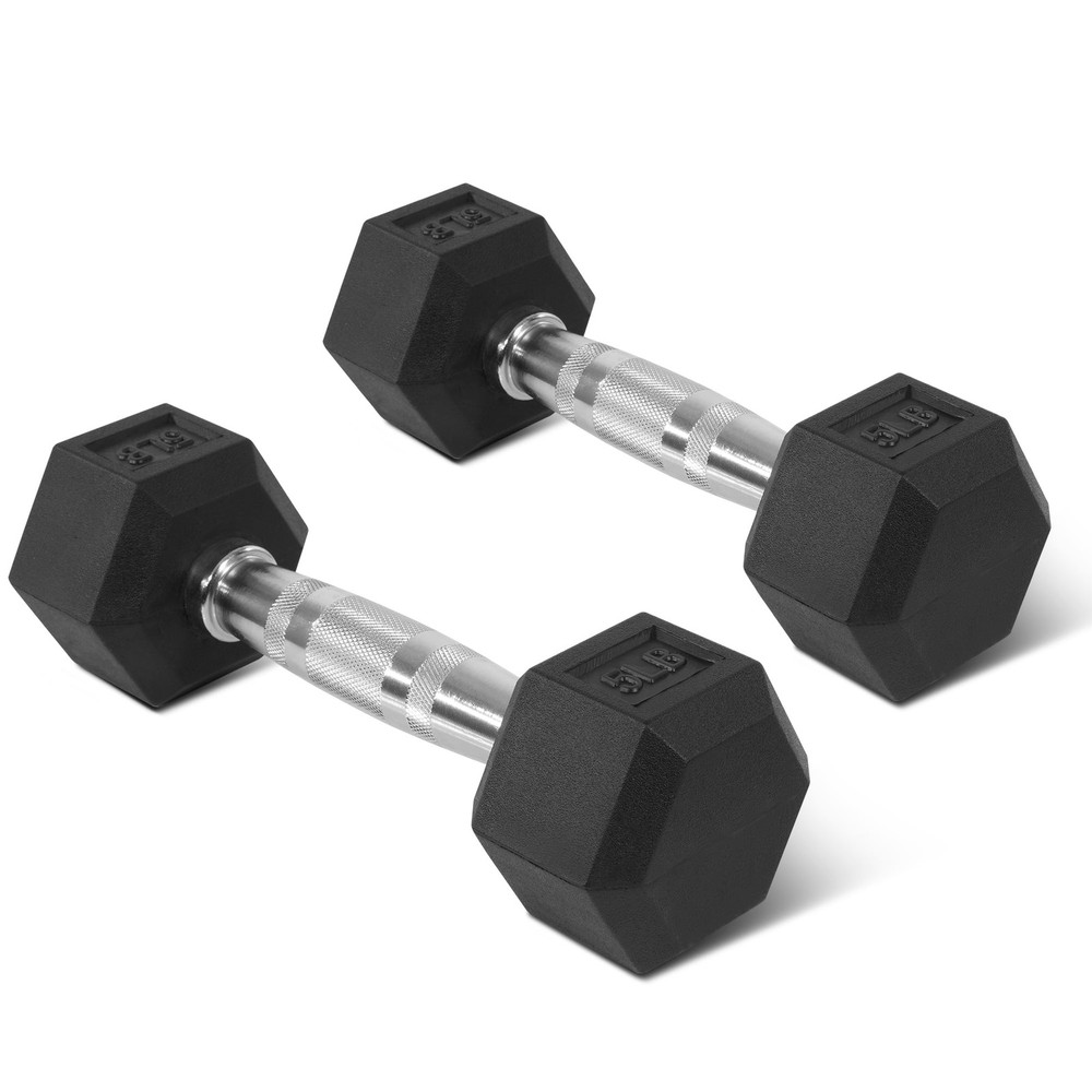 Rubber Encased Hex Dumbbells, 5 lbs Pair, Black