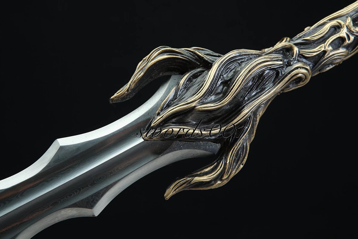 Handmade Exquisite Brass Handle Short Sword Damascus Steel Blade Leather Sheath