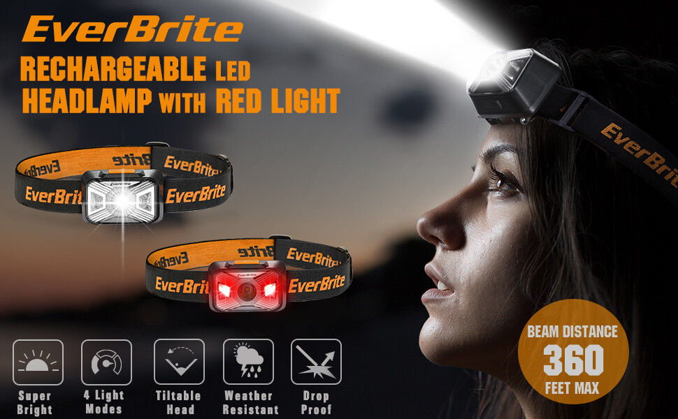 EverBrite 2PACK Headlamps Rechargeable with Red Light Battery Powered Waterproof