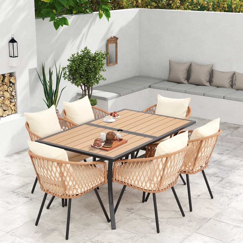 6 Rattan Chairs Outdoor Dining Set Rectangular Table for Garden Poolside