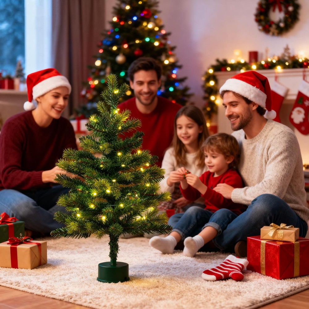 2FT Musical Rotating Prelit Small Christmas Tree, Artificial Tabletop Christm...