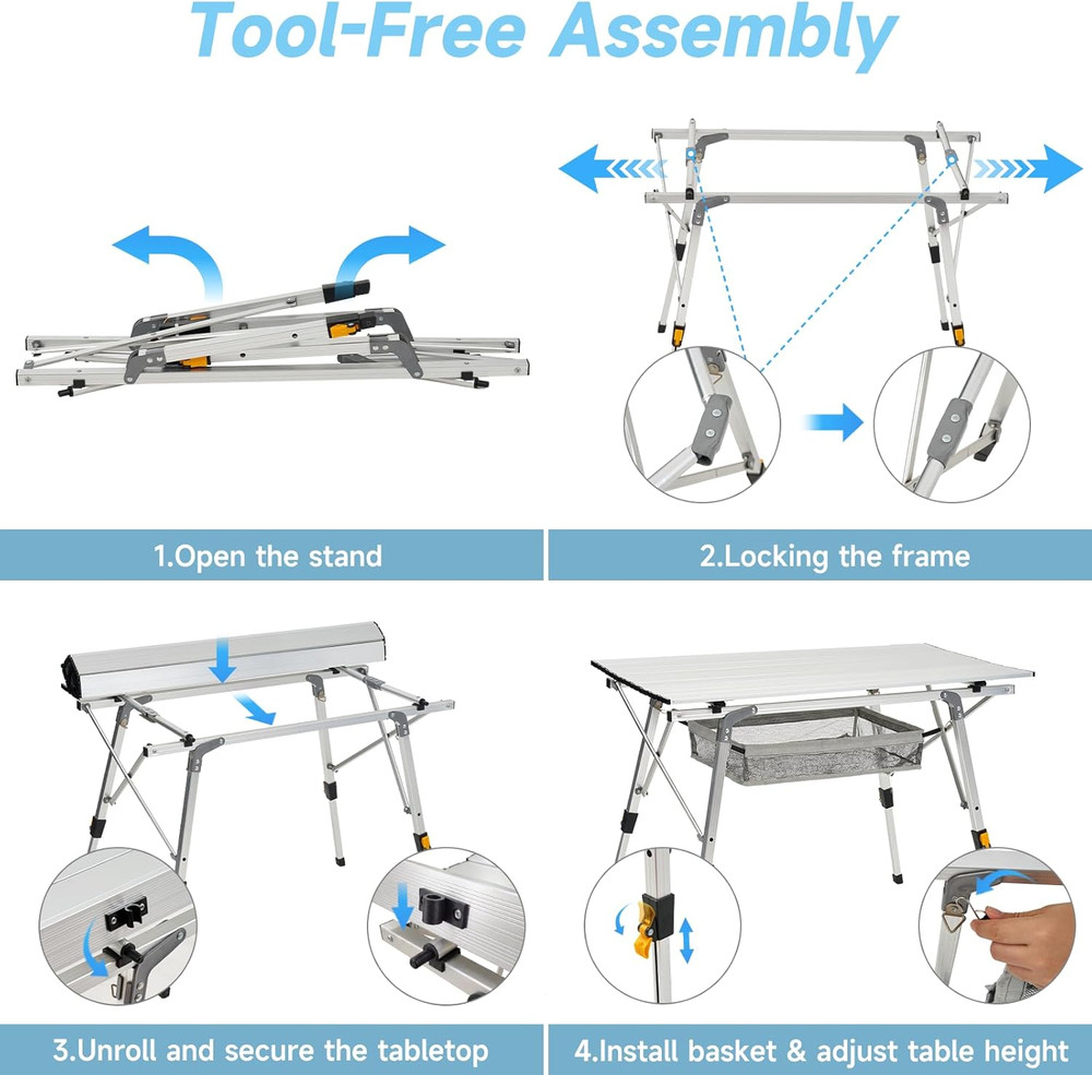 Camping Table Portable Foldable with Adjustable Legs, Aluminum Roll up Table wit