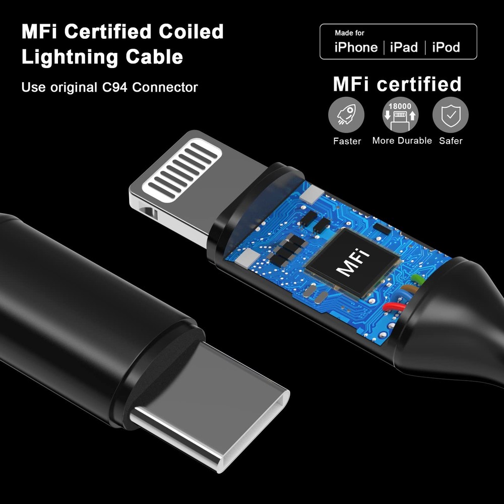 USB Type C to Lightning Cable 6FT 2Pack, [Apple MFi Coiled-USB C, black