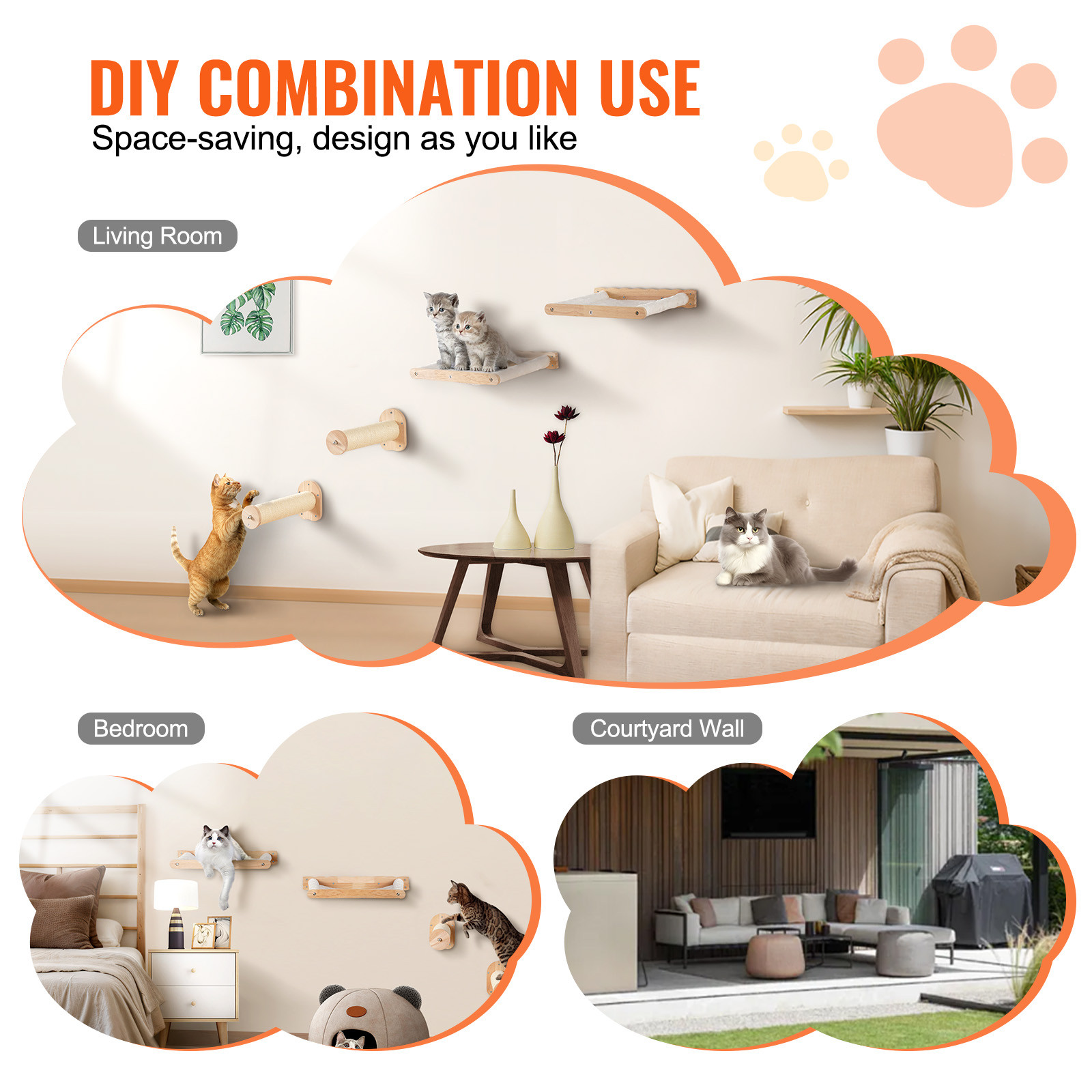 Wall Mounted Cat Shelves with 2 Jumping Posts & 2 Hammocks up to 40 lbs