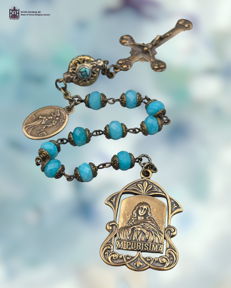 Immaculate Mary &Gabriel Annunciation Heirloom Chaplet Heritage Bronze|Amazonite